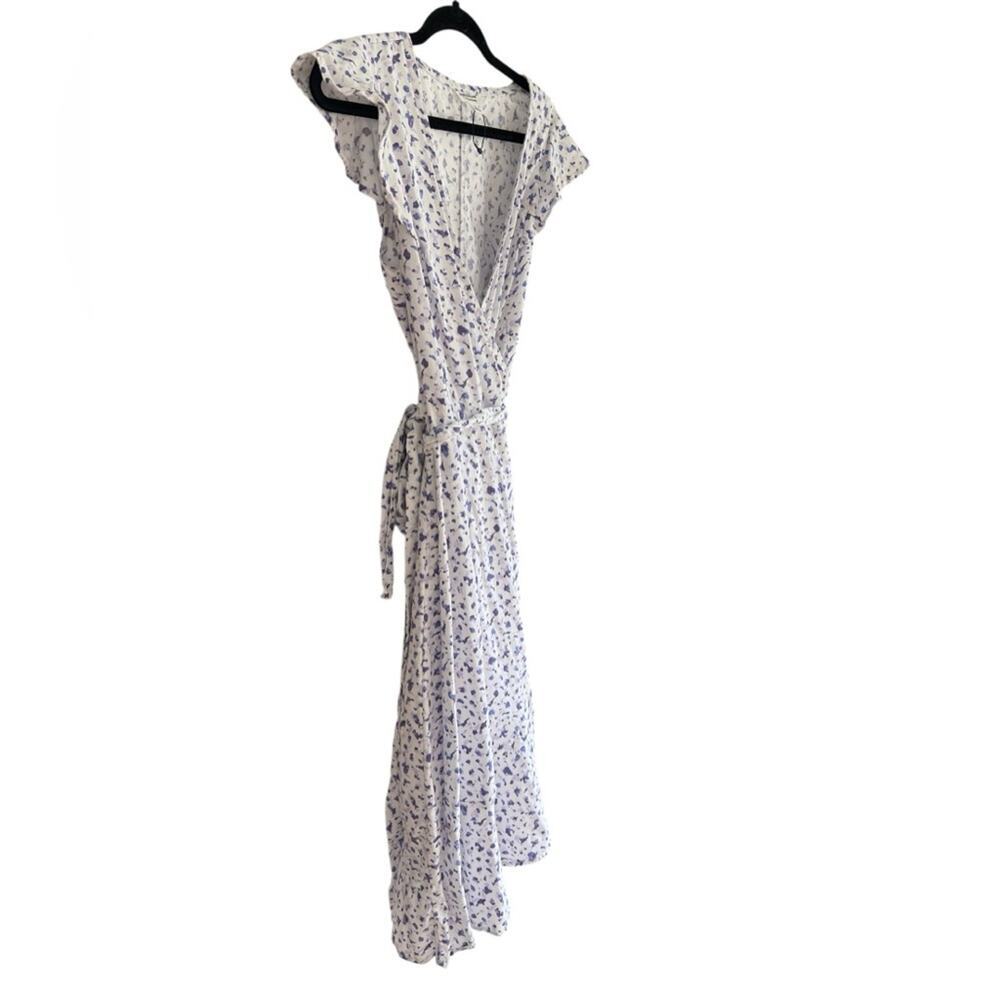 Blue Floral Wrap Midi Dress Ruffle Sleeve Cottagecore Coastal Brunch - Picture 4 of 9